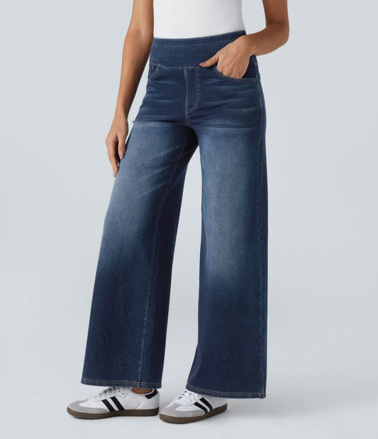 Halara Flex™ High-Waist-Jeans mit mehreren Taschen, weitem Bein, lockerem Schnitt, gewaschenem Look und dehnbarem Strick – Lässig