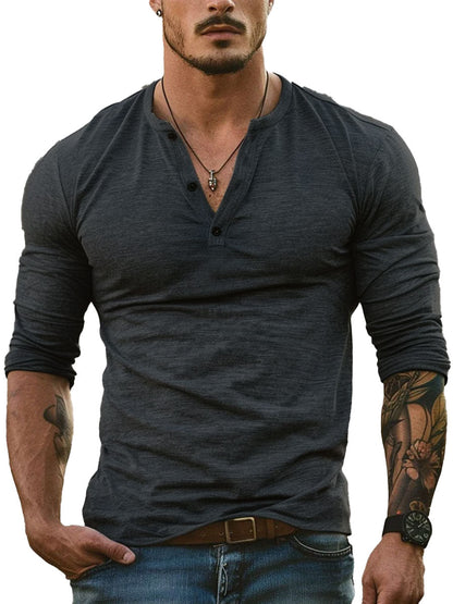 Herren Henley-Kragen Allround Freizeit-Langarm-T-Shirt