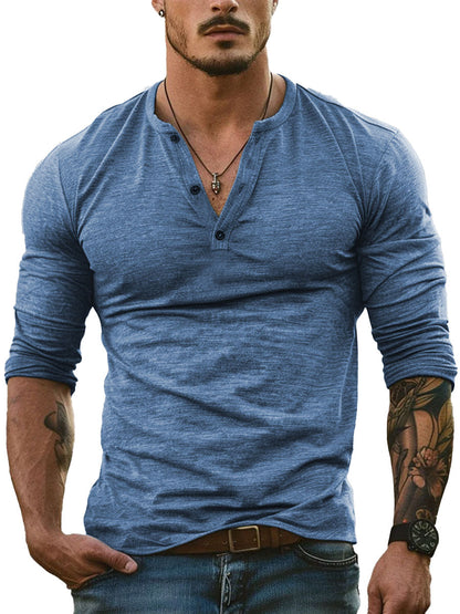 Herren Henley-Kragen Allround Freizeit-Langarm-T-Shirt