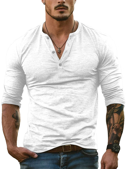 Herren Henley-Kragen Allround Freizeit-Langarm-T-Shirt