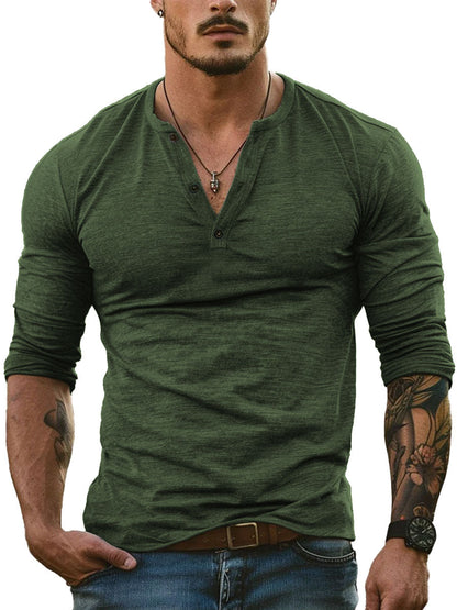 Herren Henley-Kragen Allround Freizeit-Langarm-T-Shirt