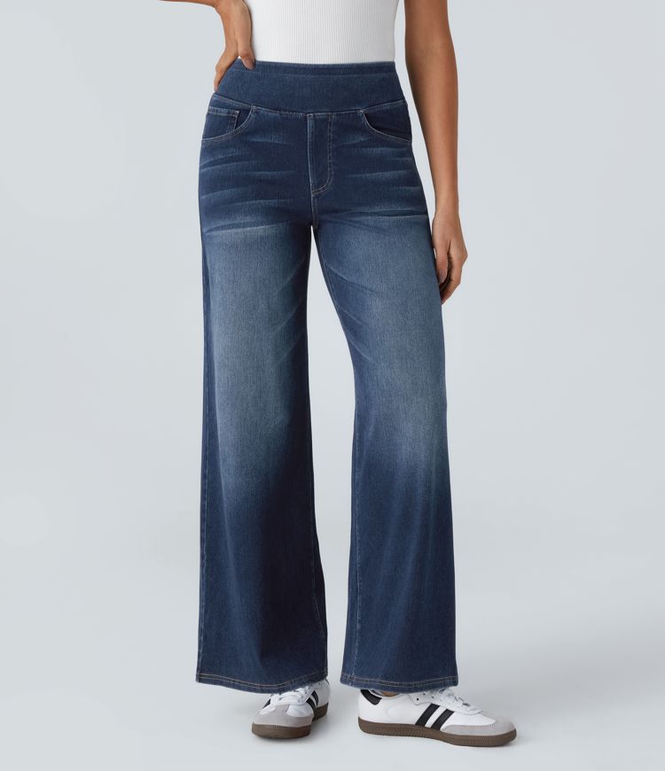 Halara Flex™ High-Waist-Jeans mit mehreren Taschen, weitem Bein, lockerem Schnitt, gewaschenem Look und dehnbarem Strick – Lässig