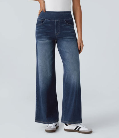 Halara Flex™ High-Waist-Jeans mit mehreren Taschen, weitem Bein, lockerem Schnitt, gewaschenem Look und dehnbarem Strick – Lässig