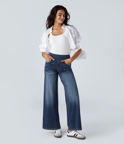 Halara Flex™ High-Waist-Jeans mit mehreren Taschen, weitem Bein, lockerem Schnitt, gewaschenem Look und dehnbarem Strick – Lässig