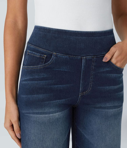 Halara Flex™ High-Waist-Jeans mit mehreren Taschen, weitem Bein, lockerem Schnitt, gewaschenem Look und dehnbarem Strick – Lässig