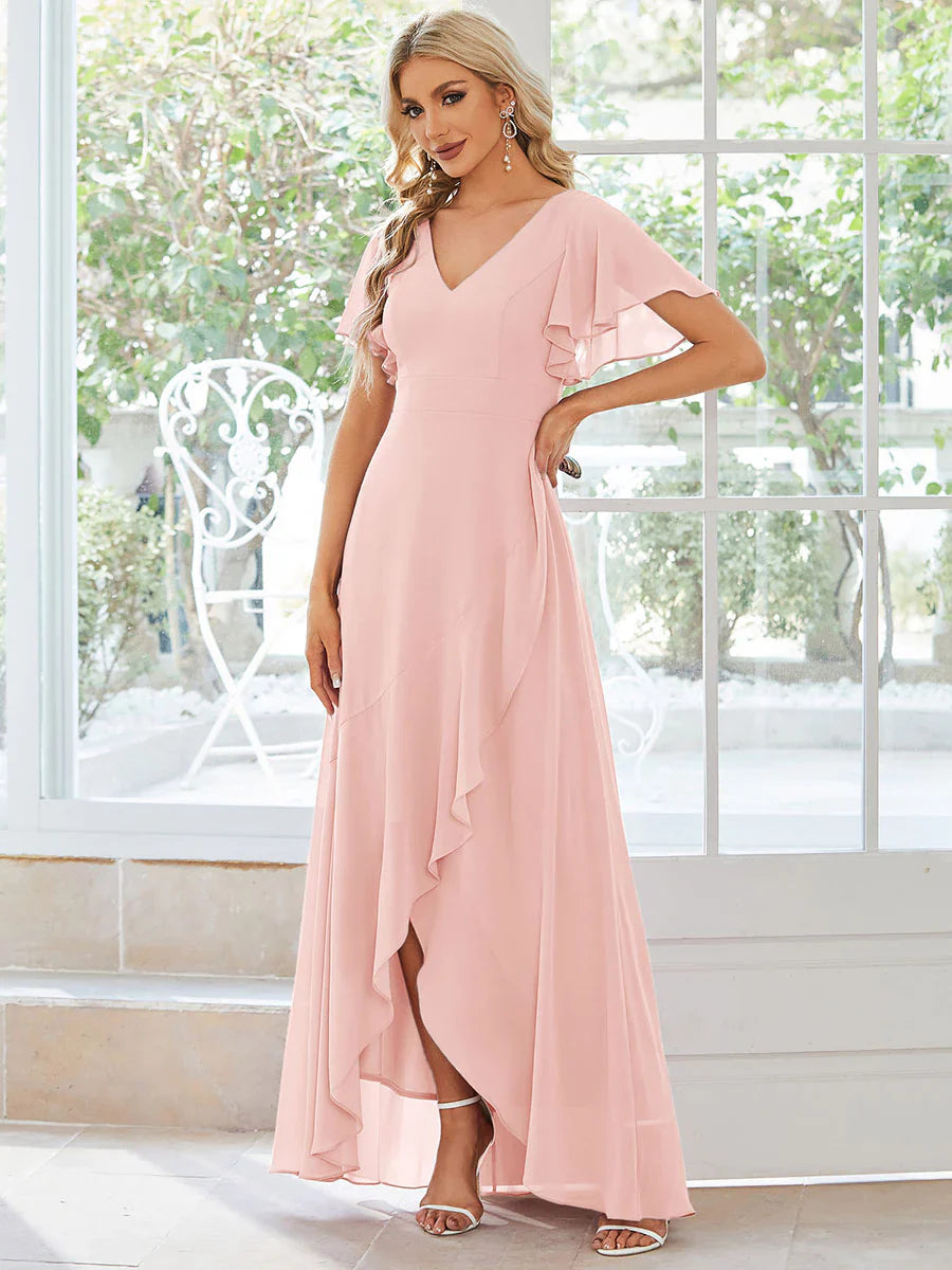 V-Ausschnitt High-Low Rüschen Chiffon Brautjungfernkleid