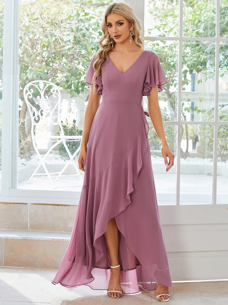 V-Ausschnitt High-Low Rüschen Chiffon Brautjungfernkleid