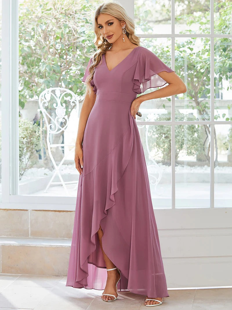 V-Ausschnitt High-Low Rüschen Chiffon Brautjungfernkleid