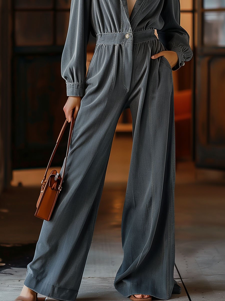 【24-Stunden-Versand】Lässiger Retro-Denim-Jumpsuit mit Taschen, Langarm und weitem Bein